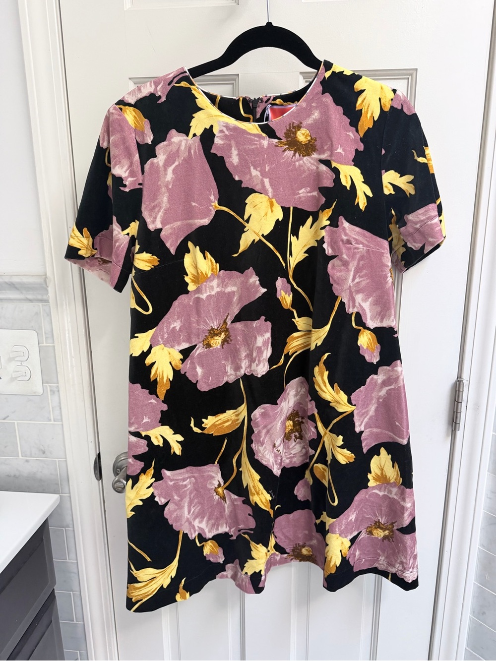 LA DoubleJ Black Shift Swing Dress with Mauve and Yellow Velvet Detail